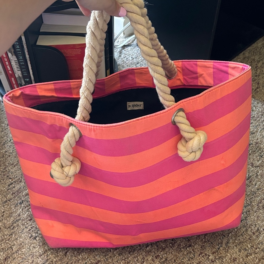 Large pink & orange striped tote bag